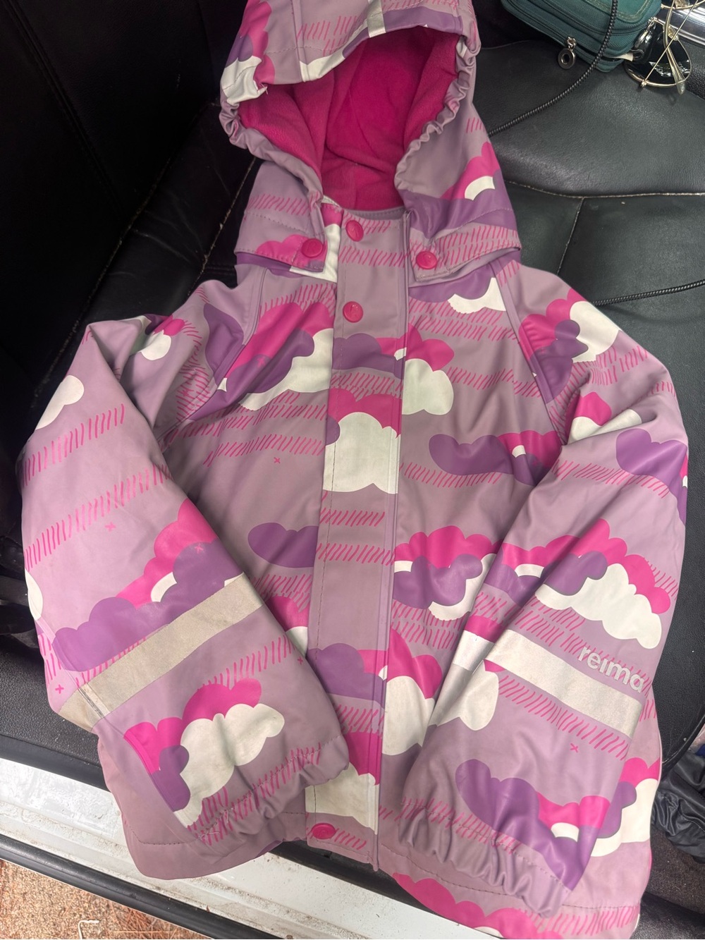 Reima fleece lined  Hooded Raincoat in Pink & Purple Cloud Print